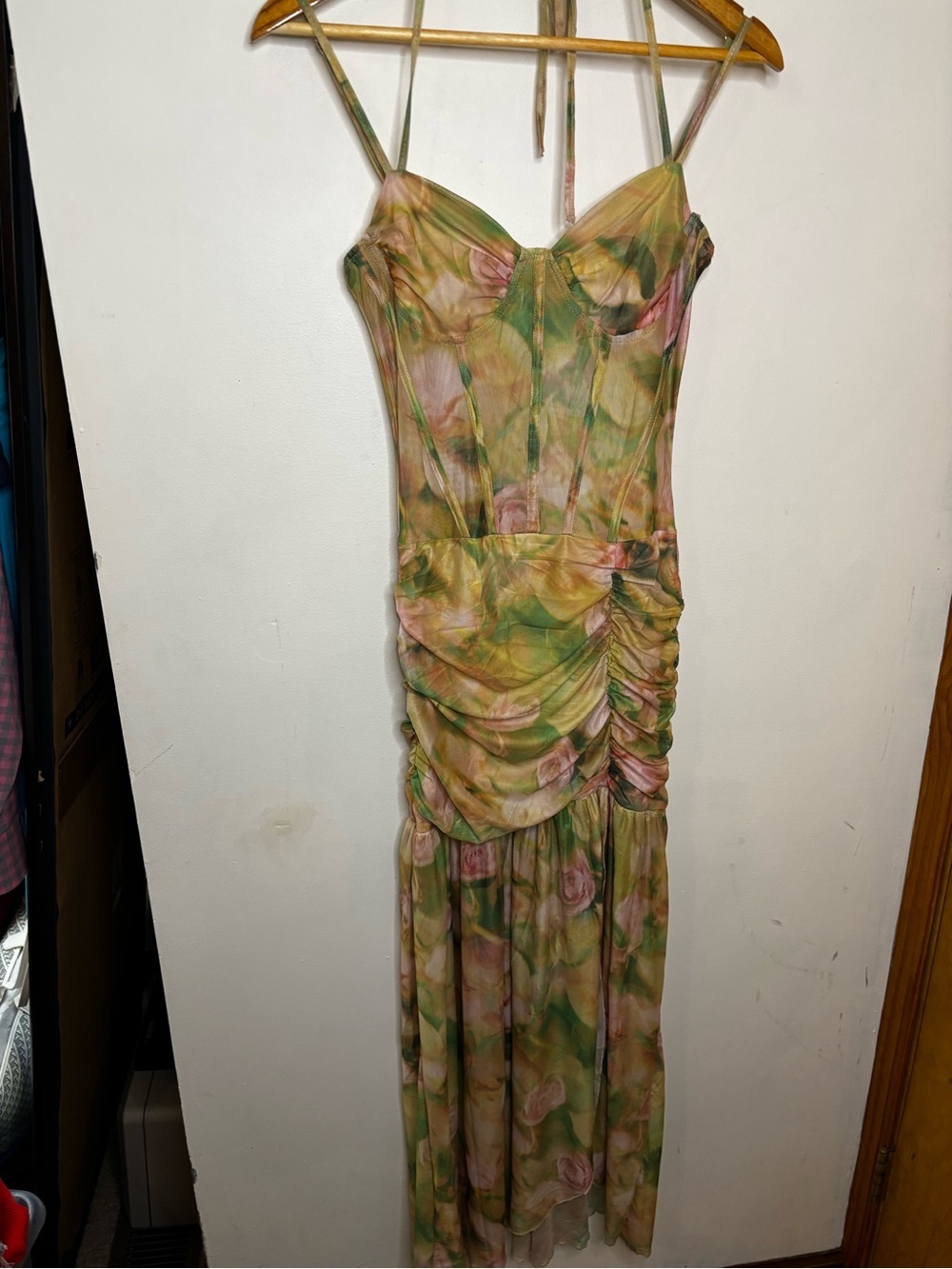 NWT Floral Fairycore Green Pink Mesh Ruched Maxi Dress - Picture 4 of 12